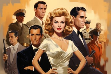 A captivating painting depicting a woman adorned in a white dress amidst a group of men, Illustration of Hollywood's Golden Age stars, AI Generated