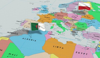 Poland and Algeria - pin flags on political map - 3D illustration