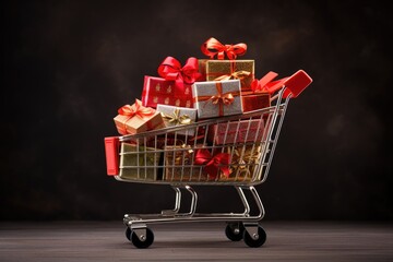 An image of a shopping cart overflowing with numerous presents for a joyous occasion, Image of a shopping cart filled with beautifully wrapped gift boxes, AI Generated