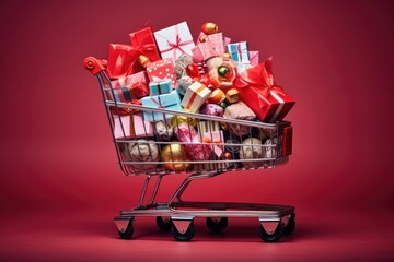 A shopping cart overflowing with an abundance of presents, ready to bring joy and excitement to a special occasion, Image of a shopping cart filled with beautifully wrapped gift boxes, AI Generated