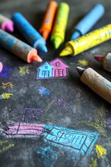 chalk crayons and chalkboard, in the style of colorful drawings