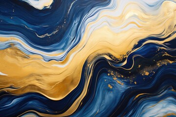 A visually engaging abstract painting featuring a captivating combination of gold and blue hues, Indigo and gold fluid waves, AI Generated