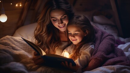 Mother is reading a story book to her child in bed AI generated image