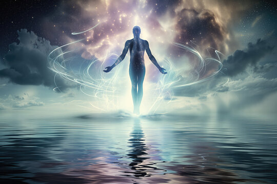 Silhouette of human astral body concept image for near death experience, spirituality, and meditation - AI Generated