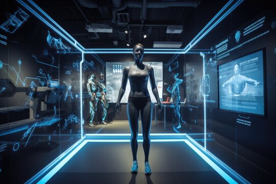Futuristic Woman in Black Body Suit, Sci-fi Concept Art for an Enigmatic Heroine, Innovative athletic wear in a high-tech fitness facility, AI Generated