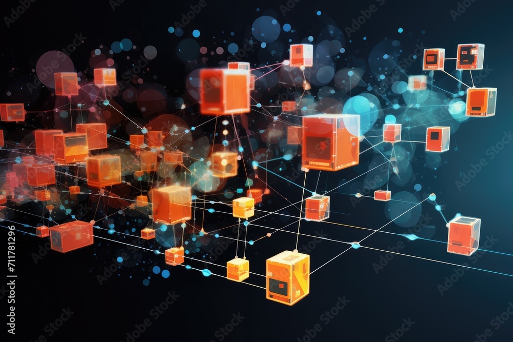 Poster an intriguing image showcasing a collection of orange cubes arranged abstractly on a black backgroun