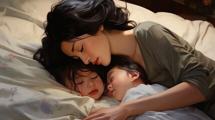 Obraz na płótnie Canvas Asian mother sleeping with her loving child AI generated image