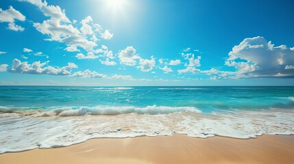 Obraz premium Illustration of a beach with serene ocean waters under a beautiful blue sky. Vast blue sea in a calm and relaxing color palette.