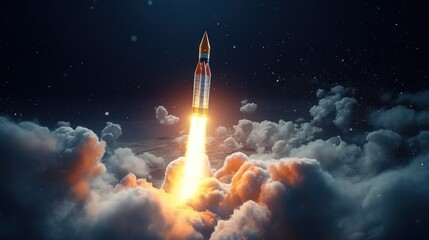 Rocket is flying upwards into outer space AI generated image - obrazy, fototapety, plakaty