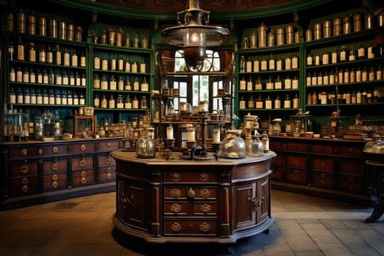 The image depicts a vast room filled to capacity with an extensive array of bottles, Interior of a 19th century apothecary shop, AI Generated