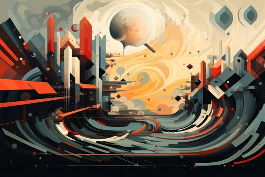 A mesmerizing painting capturing a futuristic cityscape with striking orange and black hues, Internal turmoil visualized through a storm of abstract shapes, AI Generated - Powered by Adobe
