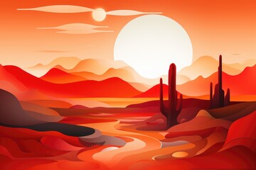 This image showcases a stunning painting of a desert landscape bathed in the warm tones of a beautiful sunset, Interpretation of a desert sunset with abstract elements, AI Generated