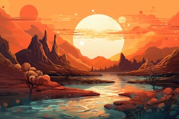 A beautiful painting capturing the serenity of a river surrounded by majestic mountains, Interpretation of a desert sunset with abstract elements, AI Generated