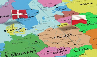 Obraz premium Poland and Denmark - pin flags on political map - 3D illustration