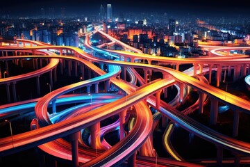 A bustling highway intersection on a dark night, with numerous lanes and illuminated streetlights, Intertwined neon highways symbolizing advanced data transfers, AI Generated
