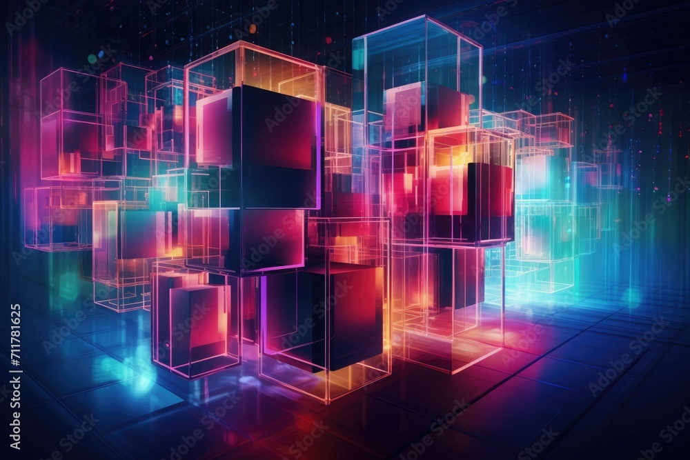 Poster an image capturing a multitude of cubes arranged neatly inside a room, creating an organized and exp