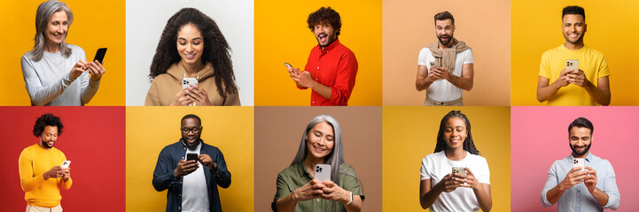 Collage of individuals various ethnic, each interacting with smartphones and showing varied expressions of joy and delight, possibly to represent connectivity and entertainment smartphones provide