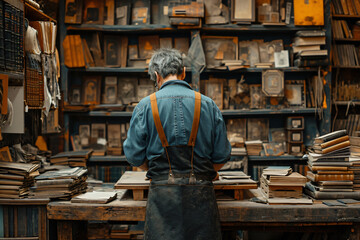 Bookbinder antiquarian bookseller restoring old books in his workshop