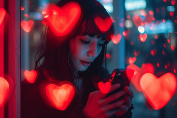 Young girl reading a love text message on her mobile phone with hearts floating around her. Love concept.