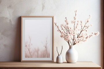 Mock-up vertical wooden frame in a cozy Scandinavian interior with pink and beige tones.
