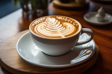 A classic cappuccino served on a saucer, resting on a rustic wooden table, Latte art in a cafe frequented by freelancers, AI Generated