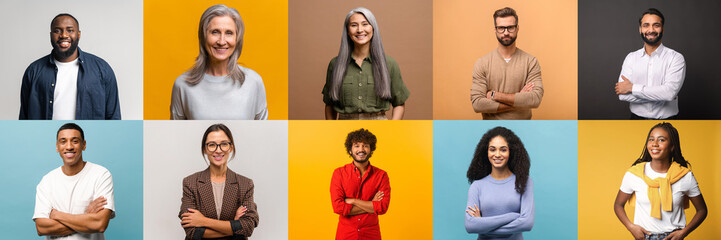 A collage showcases a multicultural array of individuals posing with confidence and ease, each...