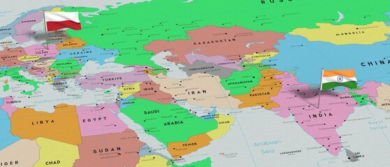 Naklejka premium Poland and India - pin flags on political map - 3D illustration
