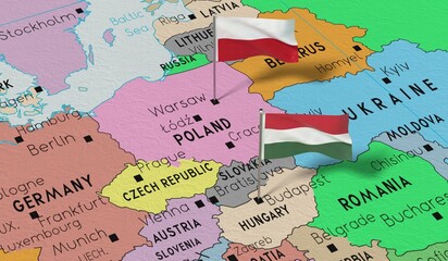 Poland and Hungary - pin flags on political map - 3D illustration