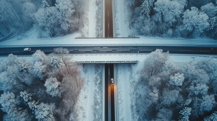 Icy Infrastructure, Long Shot of a Snow-Covered Highway with Abandoned Vehicles, Overhead Perspective, Capturing the Scale of Winter's Disruption