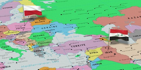Poland and Iraq - pin flags on political map - 3D illustration