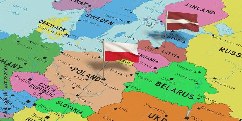 Sticker Poland and Latvia - pin flags on political map - 3D illustration