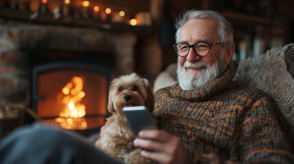 An elderly happy bearded man is sitting by the fireplace with his dog, holding a smartphone. Active...