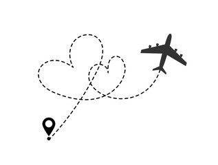 Airplane making hearts in the sky. Valentine day symbol. Romantic route. Hearted airplane path drawing. Vector illustration