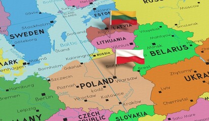 Poland and Lithuania - pin flags on political map - 3D illustration