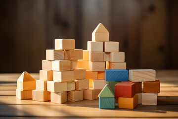 Pile of toy wooden blocks on table. Montessori toys background