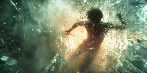 a superhero flying through glass and ice at high speed