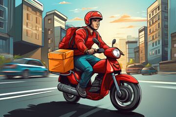 Fototapeta na wymiar Delivery man courier on motorcycle in drawing style