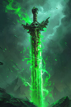 blade made out of pure green demon magic with an hilt made of bronze