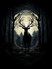 T-shirt design, a mesmerizing interplay of shadow and light that forms a hidden forest within the silhouette of a majestic deer created with Generative Ai
