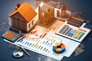 The layout of the house, money, graphics. an inflationary crisis due to an increase in the interest rate affecting the buyer of the house. Mortgage loan, financial concept - obrazy, fototapety, plakaty