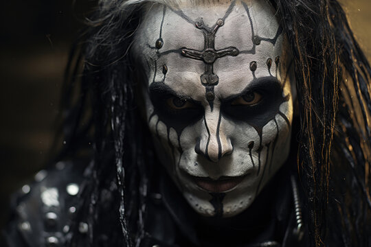 Portrait of a man, black metal metalhead in makeup with long hair