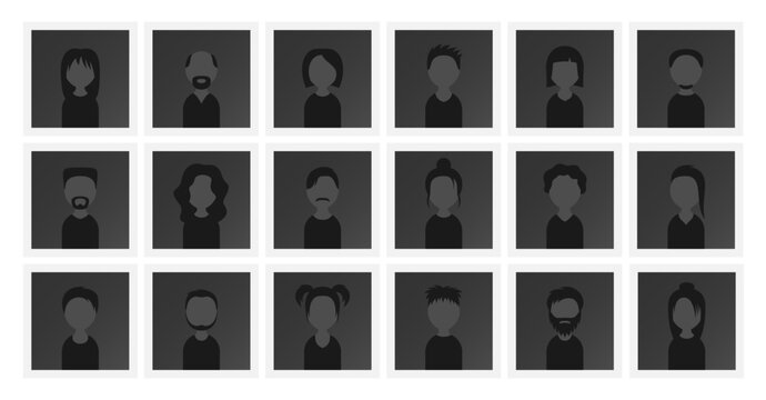 Placeholder card with male and female avatars. Vector square old photo with default user portrait.