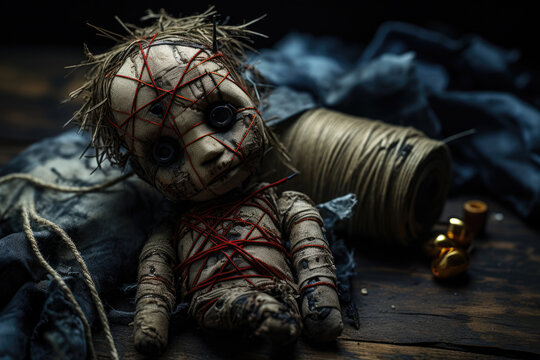 Scary voodoo doll, dark magic, magical esoteric ritual