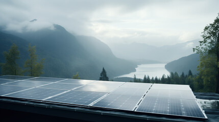 Solar panels installed in a remote location, in a beautiful area with mountains and lakes. Sunlight coming through misty clouds. Generating solar power in harsh conditions. Clean energy.