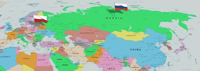 Poland and Russia - pin flags on political map - 3D illustration