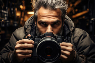 Professional photographer paparazzi journalist with camera - obrazy, fototapety, plakaty