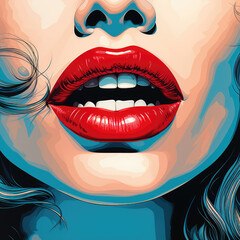 Woman lips with red lipstick in pop art style