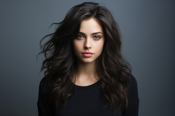 Fototapeta premium Portrait of a beautiful brunette woman with long hair on a gray background