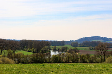 Confluence of the Lech into the Danube near Marxheim in Bavaria on a sunny spring day