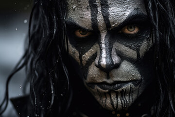 Portrait of a man, black metal metalhead in makeup with long hair - obrazy, fototapety, plakaty